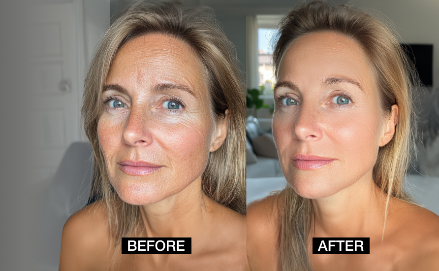 Side-by-side comparison of a woman before and after skincare treatment. The "before" image shows visible wrinkles; the "after" photo shows smoother skin.