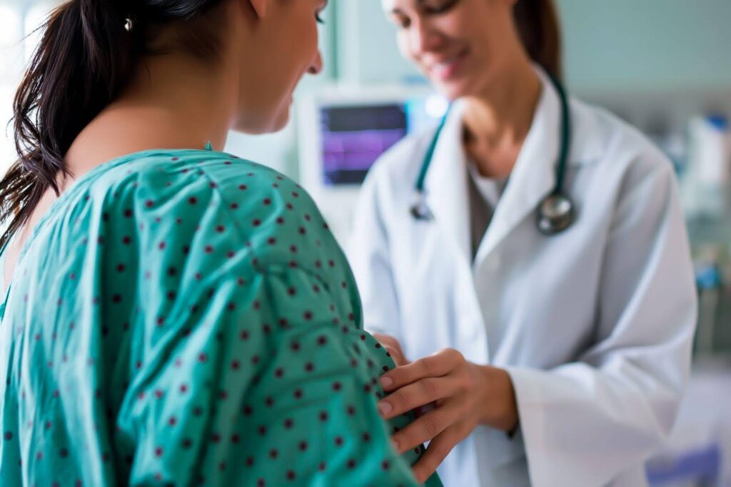 A woman discusses her health concerns with a doctor in a clinical setting