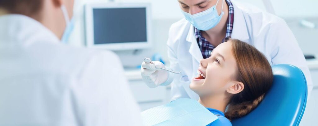 A woman sits in a dentist chair while a man examines her likely discussing her dental care