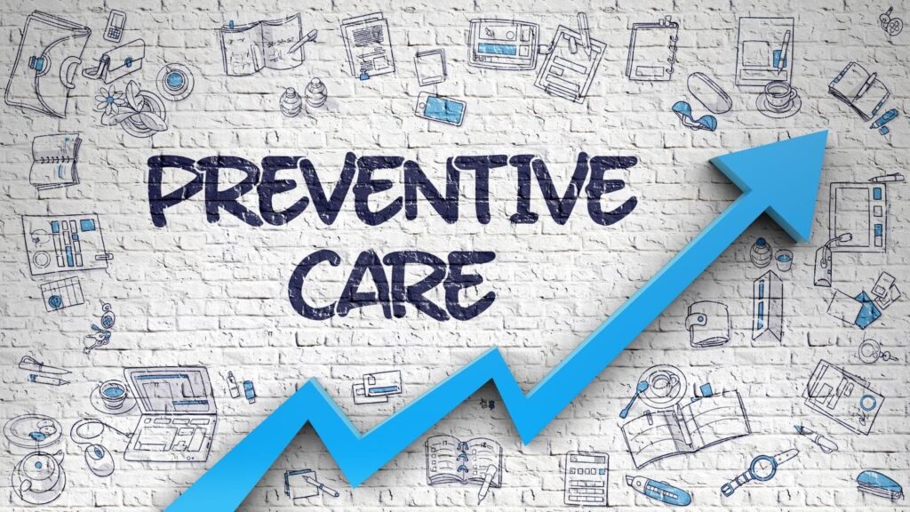 Blue arrow on a white brick wall symbolizes preventive care and health awareness