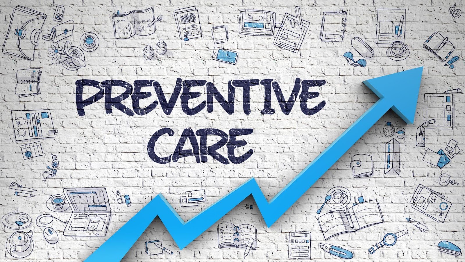 Blue arrow on a white brick wall symbolizes preventive care and health awareness