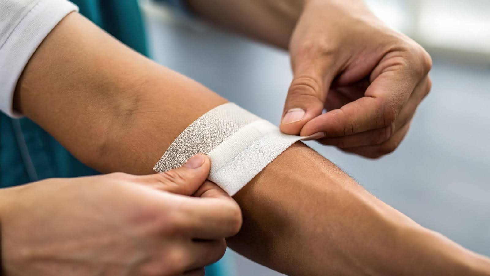 A person applies a bandage to their arm demonstrating first aid care for a minor injury
