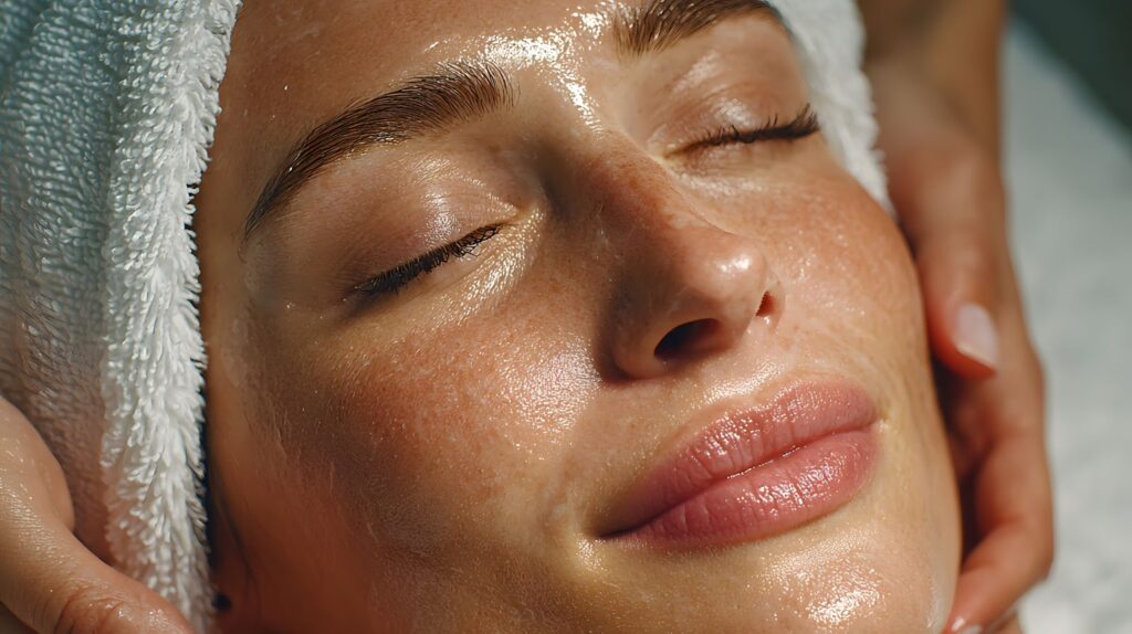 A close-up of a woman receiving a relaxing facial massage, her skin glistening with oil or serum, eyes closed in bliss.