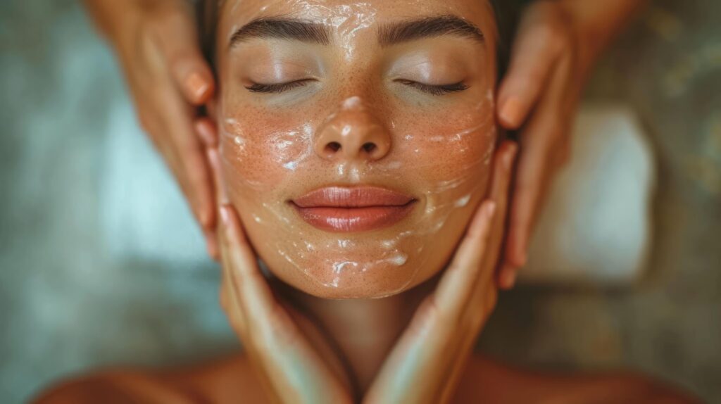 A person receiving a facial treatment with hands applying a cream mask.
