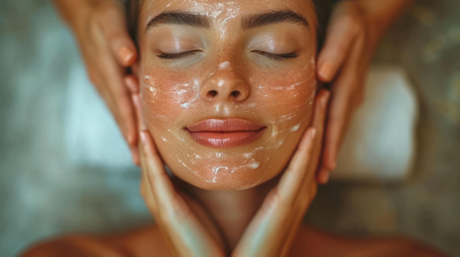 A person receiving a facial treatment with hands applying a cream mask.