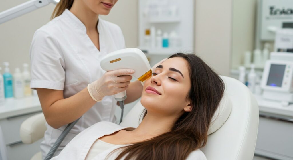 A professional performing laser hair removal on a client's face in a clinical setting.